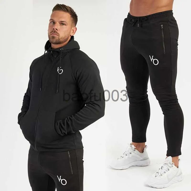 Męskie dresy męskie płaszcz z kapturem na siłownię+spodnie 2pcs Spring Autumn Sports Suits Streetwear Fitness Jogging Zapip Bluies Casual Cotton Male Sets J230803