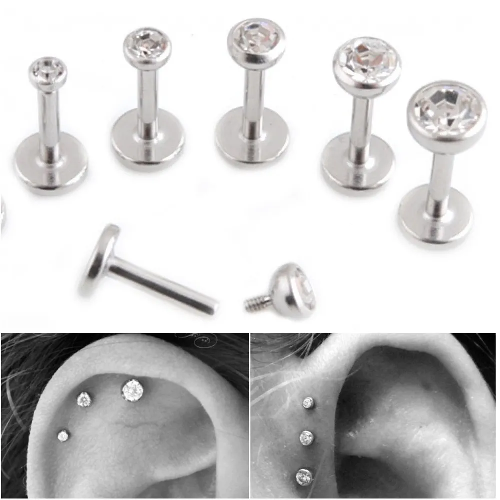 Labret Lip Piercing Jewelry Gem Stud Cartilage Helix Tragus Clear Crystal Ear Earring BAR Internally Threaded 16G 230802