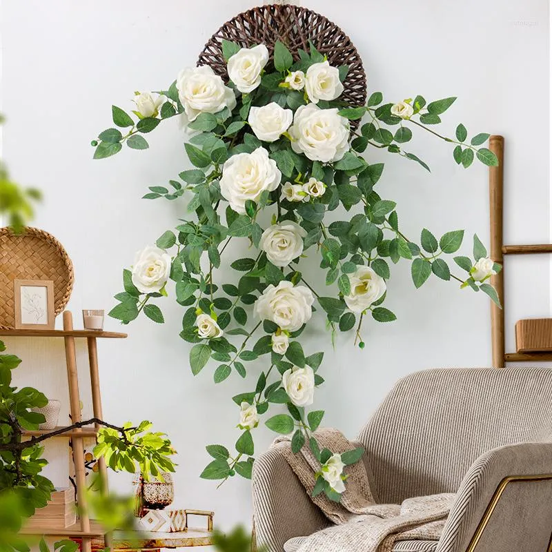 Flores decorativas artificiais cesta suspensa plantas seda rosa arranjo de flores para jardim ao ar livre casamento pátio decoração de casa