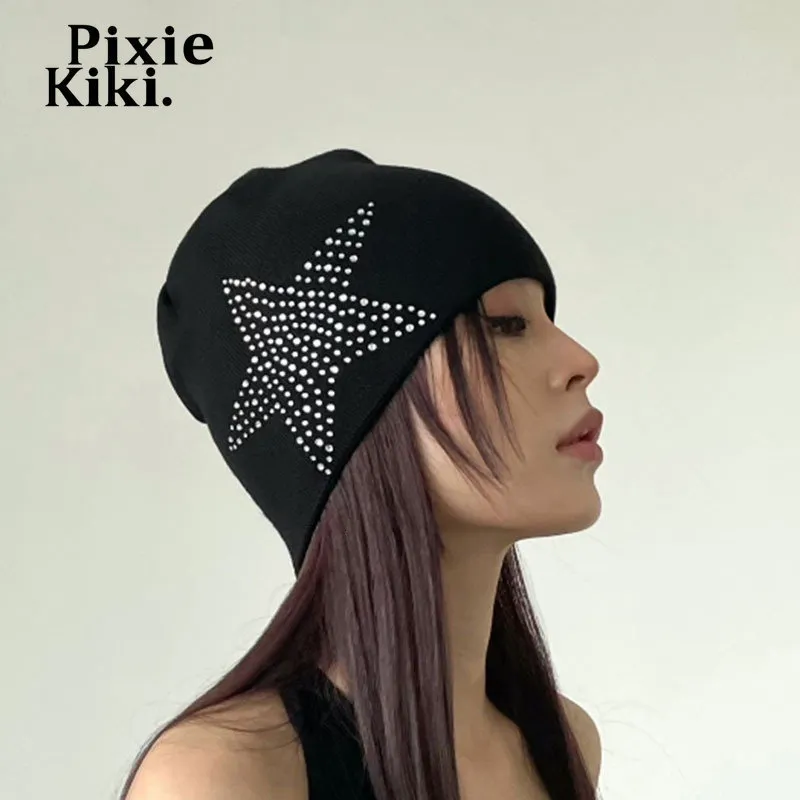 Beanie/Skull Caps PixieKiki Star Black Knitted Beanies for Women Trashy Y2k Accessories Winter Hat Streetwear P65-BZ10 230802