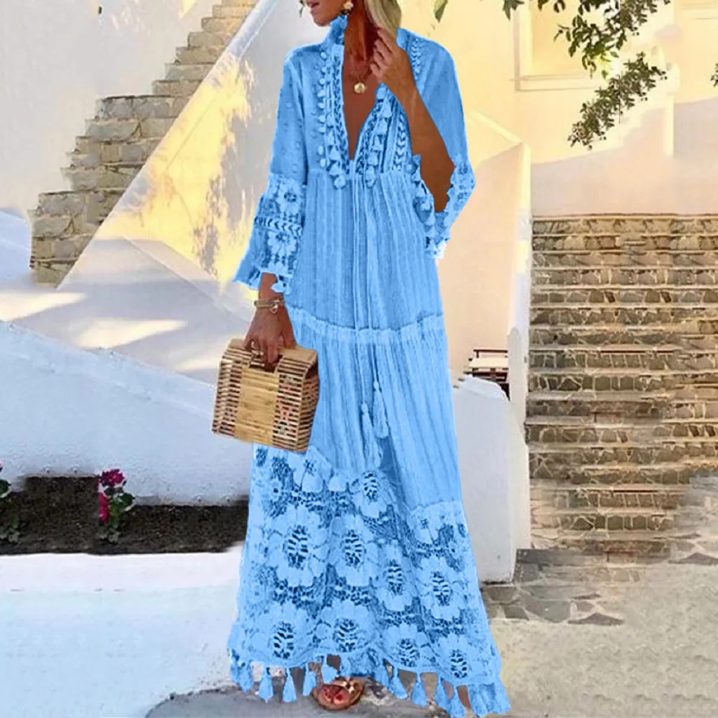 Robes décontractées basiques mode femmes robe de soirée grande taille col en v couleur unie dentelle gland longue robe dame bohème longues robes femme décontracté Vestidos 230802