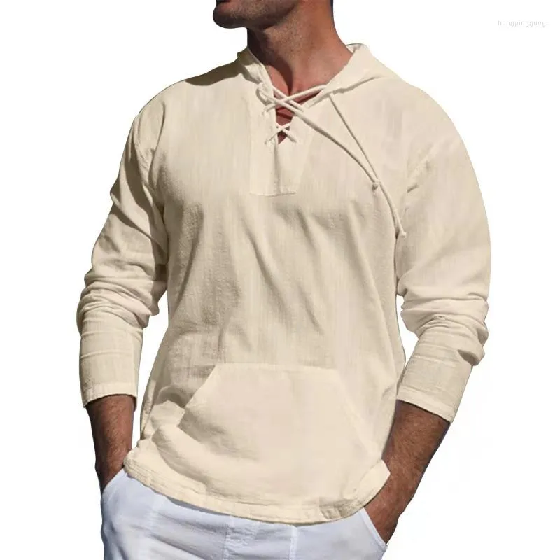 Summer Casual Cotton Linen Hooded Henley Shirt Men For Men Long