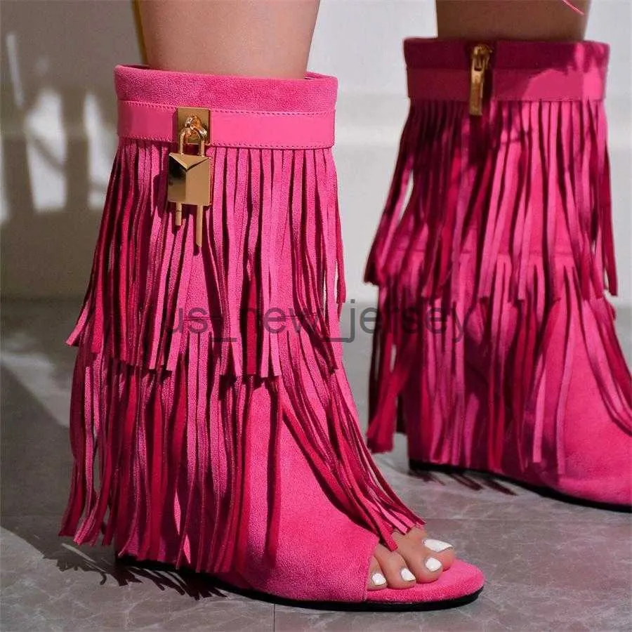 Сапоги 2023 Летние ботинки Женщины Открытые пальцы на кисточку дизайн модные римские сандалии металл