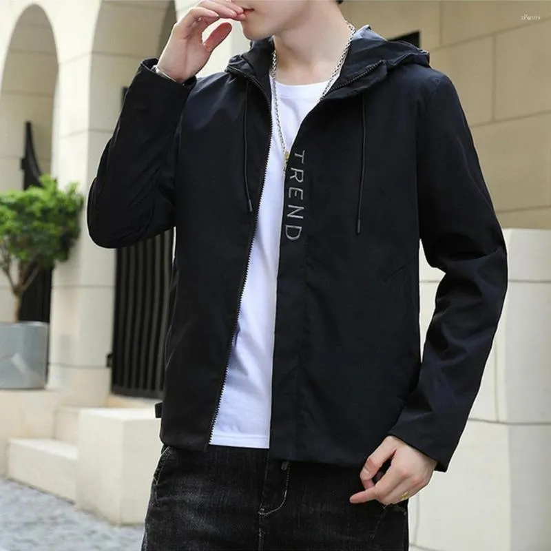 Herrjackor Spring Autumn Men Jacket Letter Lång ärm Solid Hood Coat Drawstring dragkedja broderi Alfabetet lastgata