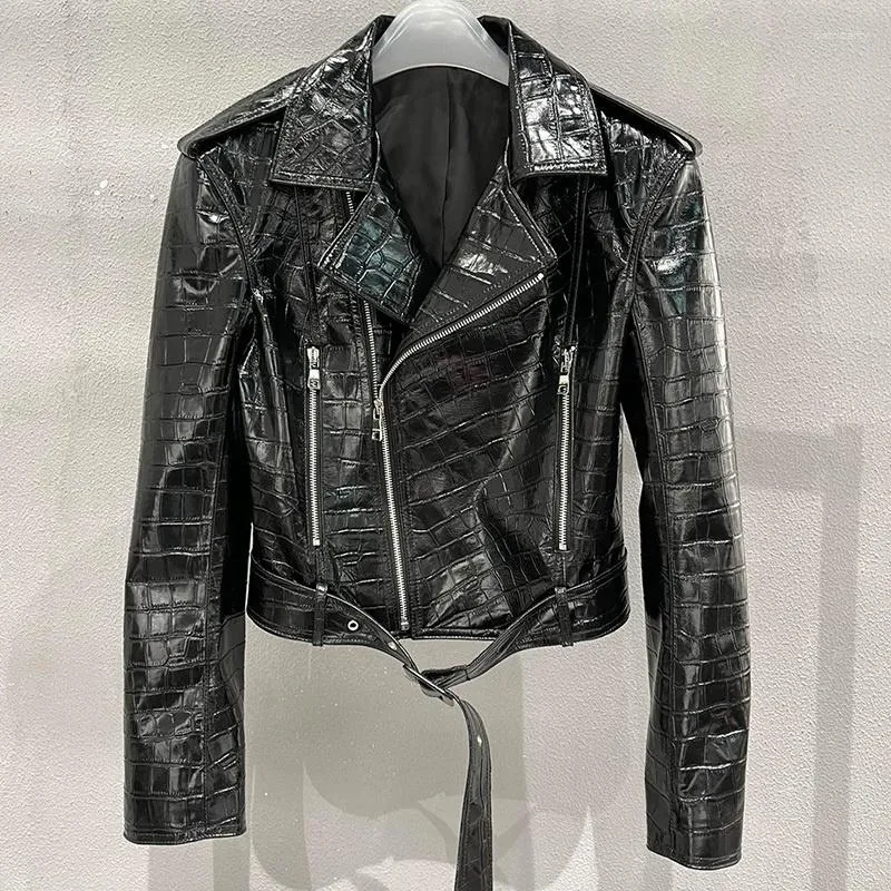 Women's Leather 2023 Runway Designer Classic Motorcycle Sheepskin Jacket Fashion Chic Zip Belt Lapel Genuine Black Short Coat
