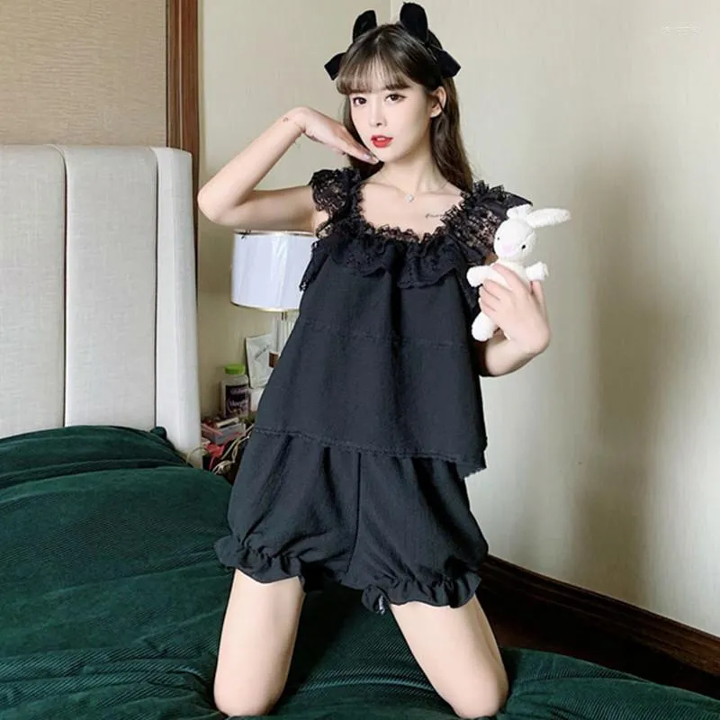 Women's Sleepwear Black/White Sweet Lace Square Collar Sleeveless Pajamas For Women Cotton Summer Pijamas Female Home Pyjama Set