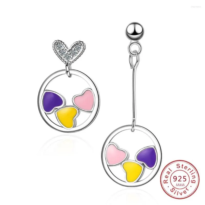 Boucles d'oreilles à tige véritable 925 argent aiguille coeur aimé pour les femmes boucle d'oreille avec breloques mignon charme asymétrie bijoux