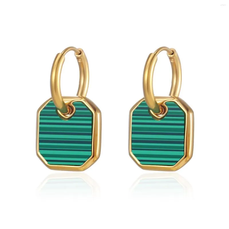 Boucles d'oreilles créoles acier inoxydable Zircon pierre vert Malachite étiquette délicate mode ronde bijoux cadeaux pour les femmes