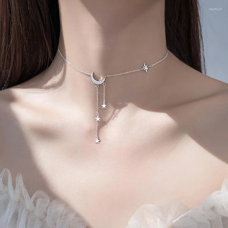 Pendants VENTFILLE S925 Sterling Silver Stars Moon Tassel Necklace Feminine Clavicle Chain Simple Personality Pendant Tide Gift