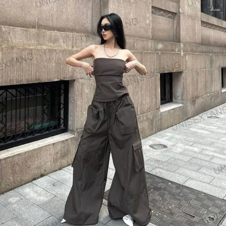 Damen Zweiteilige Hose Vintage Chic Grau Braun Slim Fit Trägerlose Weste für Frauen Y2k E-Girl Hohe Taille Doppeltaschen Sommersets