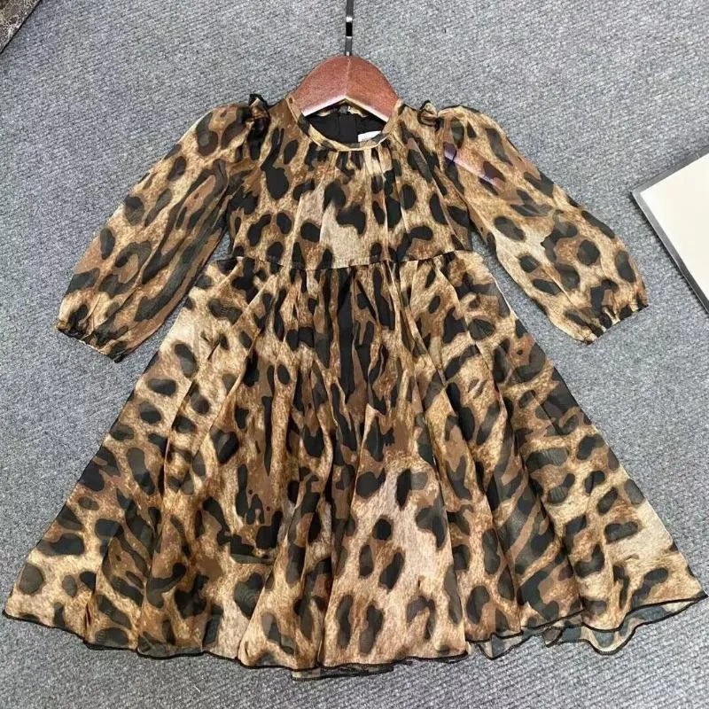 Girl Dresses 2023 D535R Top Brand Classic Style Born Baby Dress Girls Leopard Mesh Letter Rust Premium 3M-12Y