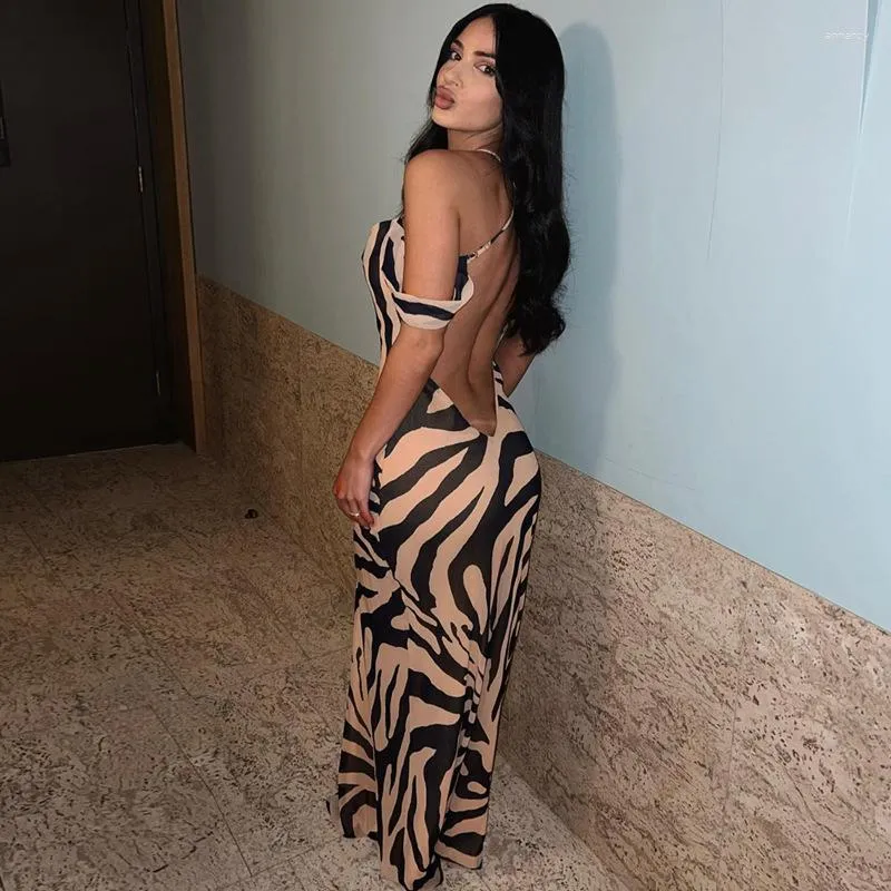 Casual Dresses 2023 Off Axla Zebra Print Maxi Dress Criss Cross Backless Long Beach Women Summer Elegant Party Skinny