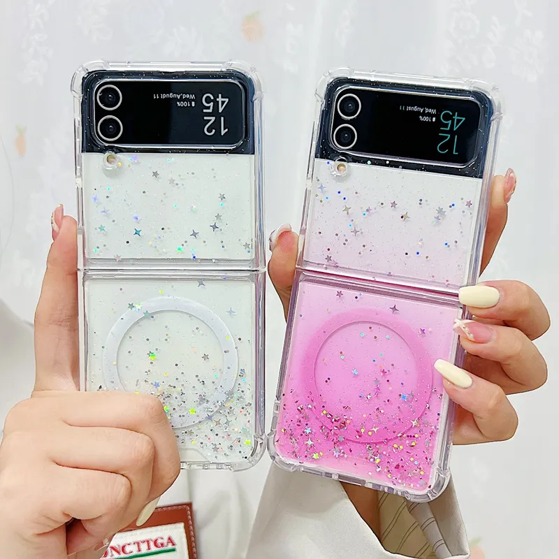 Magnetisk trådlös laddning av Flip4 -stjärnfodral för Samsung Galaxy Z Flip 5 4 3 ZFLIP4 ZFLIP5 Torkad modefolie Confetti Clear Hard Plastic PC Soft TPU Magnet Phone Cover