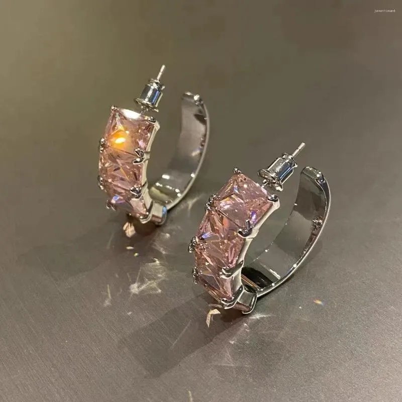 Backs Earrings 2023 Delicate Type C Pink Peach Blossom Zircon Ear Ring S925 Silver Needle Temperament All-match Design Sense Clip