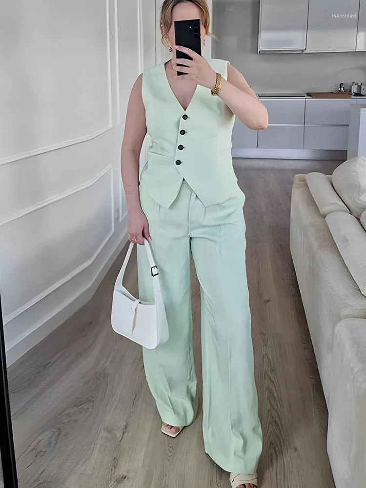 Women s Two Piece Pants Women Elegant Sleeveless Blazer Vest 2 Set Asymmetric Solid Crop Top And Wide Suit 2023 Summer Office Commute Outfit