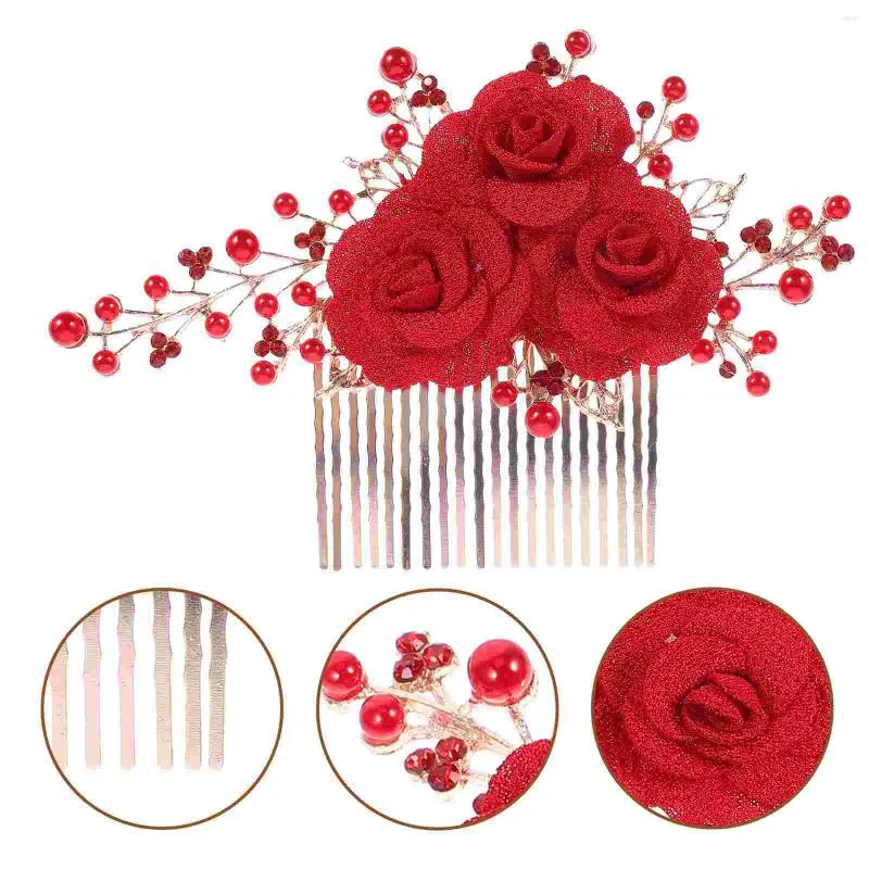 Bandanas Rouge Cheveux Plug Mariée Peigne Perles Fleurs Femmes Mariée Côté Accessoires De Mariage Brides