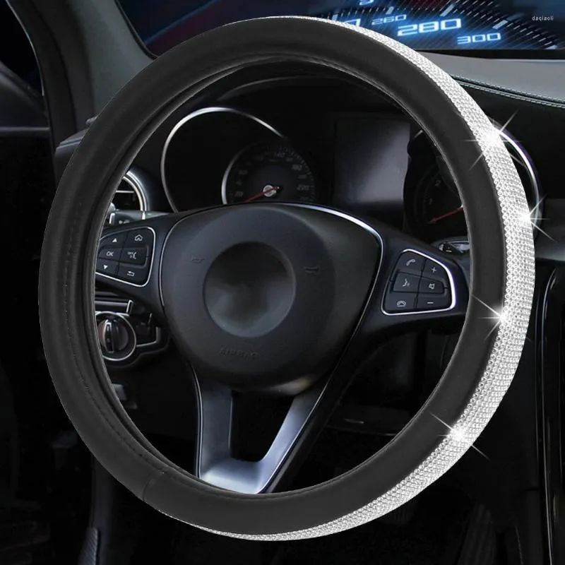 Couvertures de volant Couverture en cristal de voiture Strass brillants pour 37 à 38CM Universal PU Leather Auto Gear