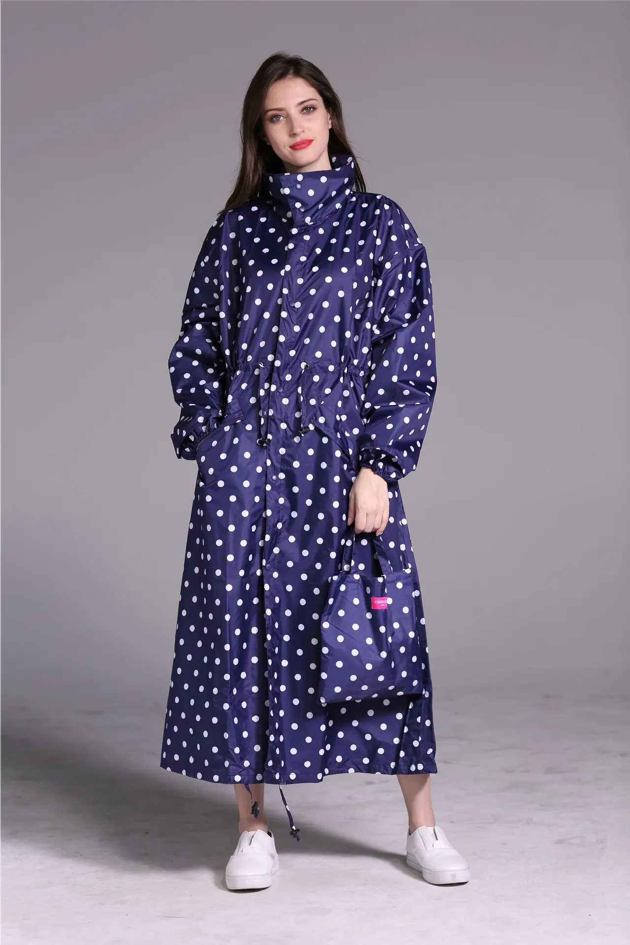 Womens Polka Dot Nylon Raincoat Poncho, Lightweight Waterproof