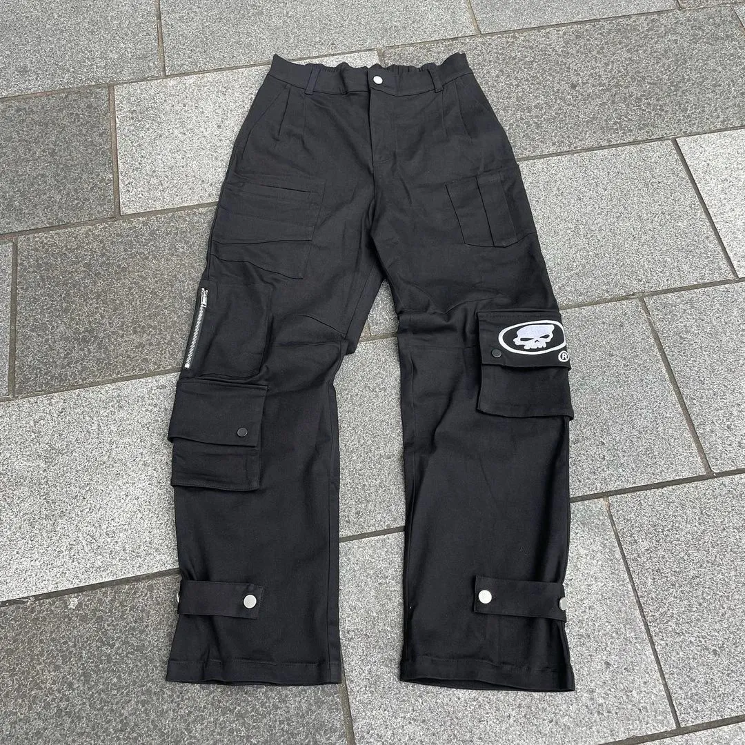 Damenhose Capris Y2K Schwarz Retro Totenkopf Druck Cargohose Harajuku Streetwear Mehrere Taschen Weites Bein Gerade Hose Frauen Lose Jeans 230802