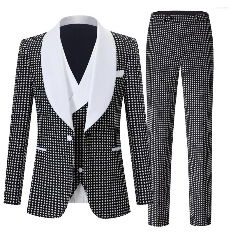 Abiti da uomo 2023 EuropeAn-American Green Fruit Collar Slim Suit Tre pezzi bianco nero a pois Jacquard Banquet Set