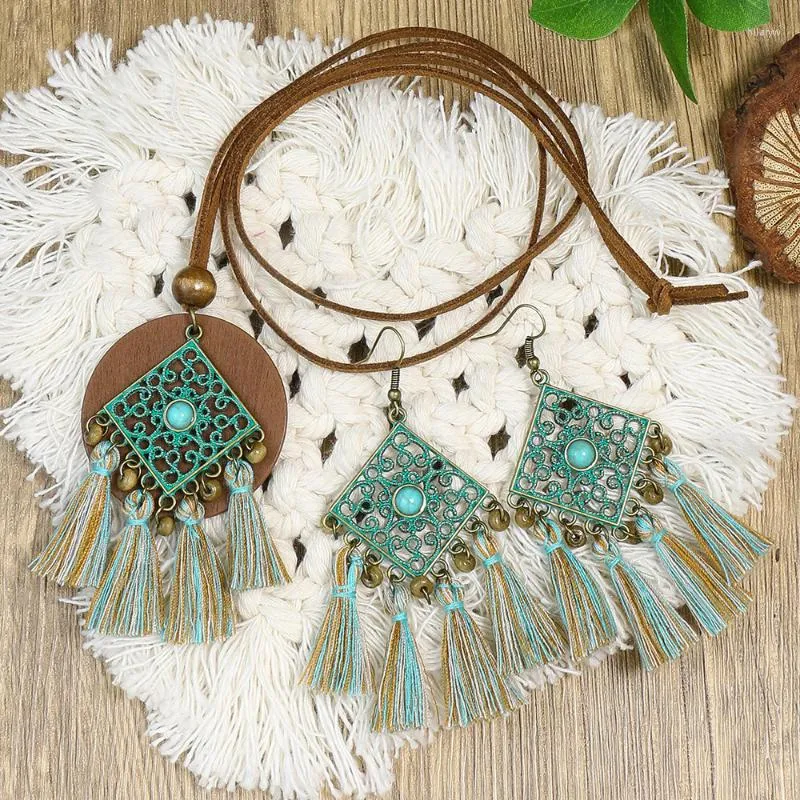 Ketting Oorbellen Set Boheemse Geometrische Ruit Holle Fringe Vintage Houten Kralen Gemengde Blauwe Kwastje Lange Oorbellen/ketting Hanger Sieraden