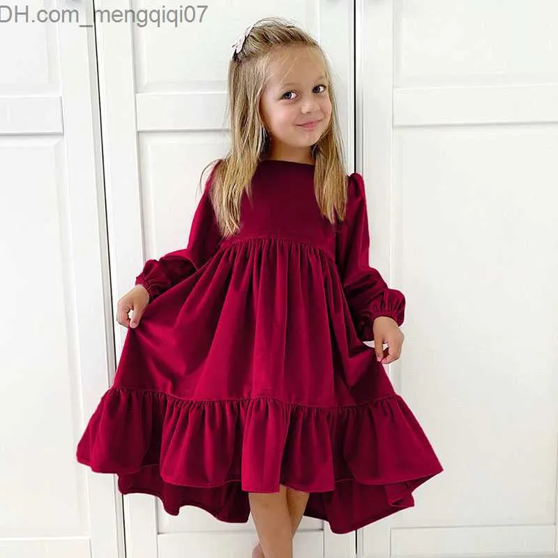 Mädchenkleider Herrenbadebekleidung Neues 7-12 Jahre altes Mädchen Frühling Herbst Winter Samt Langarm Kleid mit Rüschen unten Prinzessin Kinderpartykleid Z230803