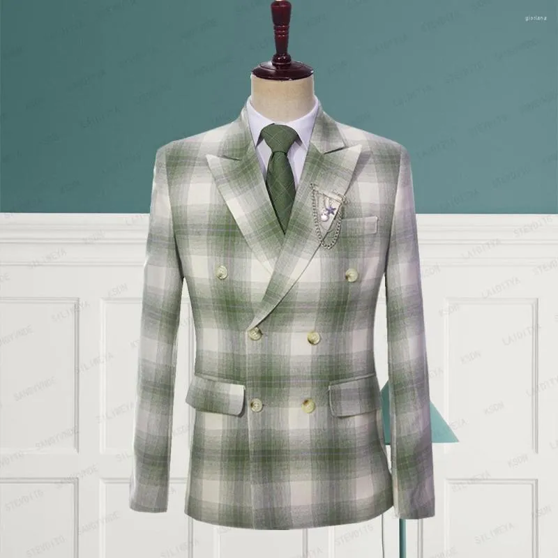 Men's Suits 2023 Fashion Men Summer British Style Business Linen Green Reto Classic Plaid Male Wedding Party Jacket Suit Coat