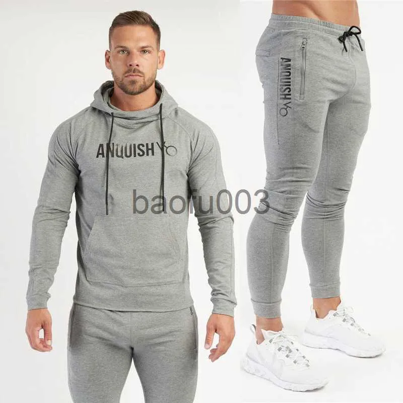 Herrspårar för män gym jogger vår och höstsportdräkt bomulls huvtröjor Pullover byxor 2 -stycken uppsättningar fitnesskläder sportkläder J230803