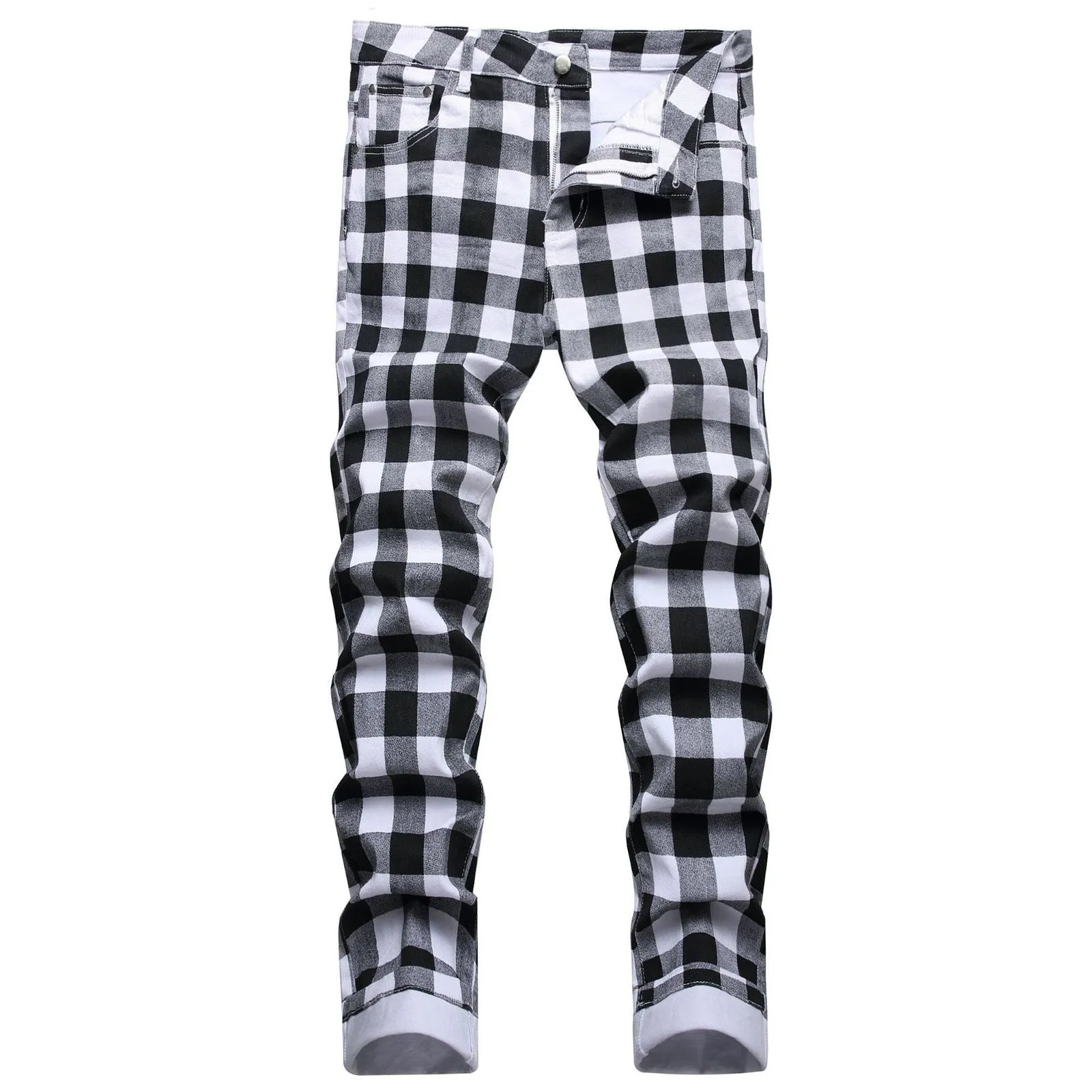 Mens Jeans White Plaid Streetwear Stretch Male Personlig digitaltryck British Style Street Fashion Small Rak 230803