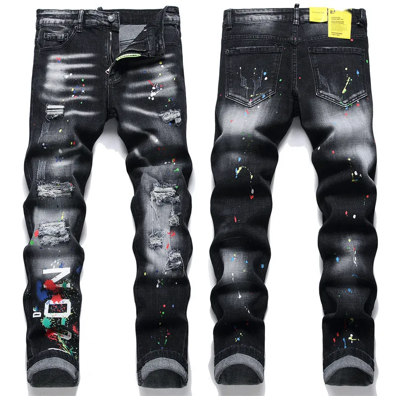 Jeans masculino Quadrático slim fit jeans elástico de algodão com processo de lançamento de tinta de quatro estações