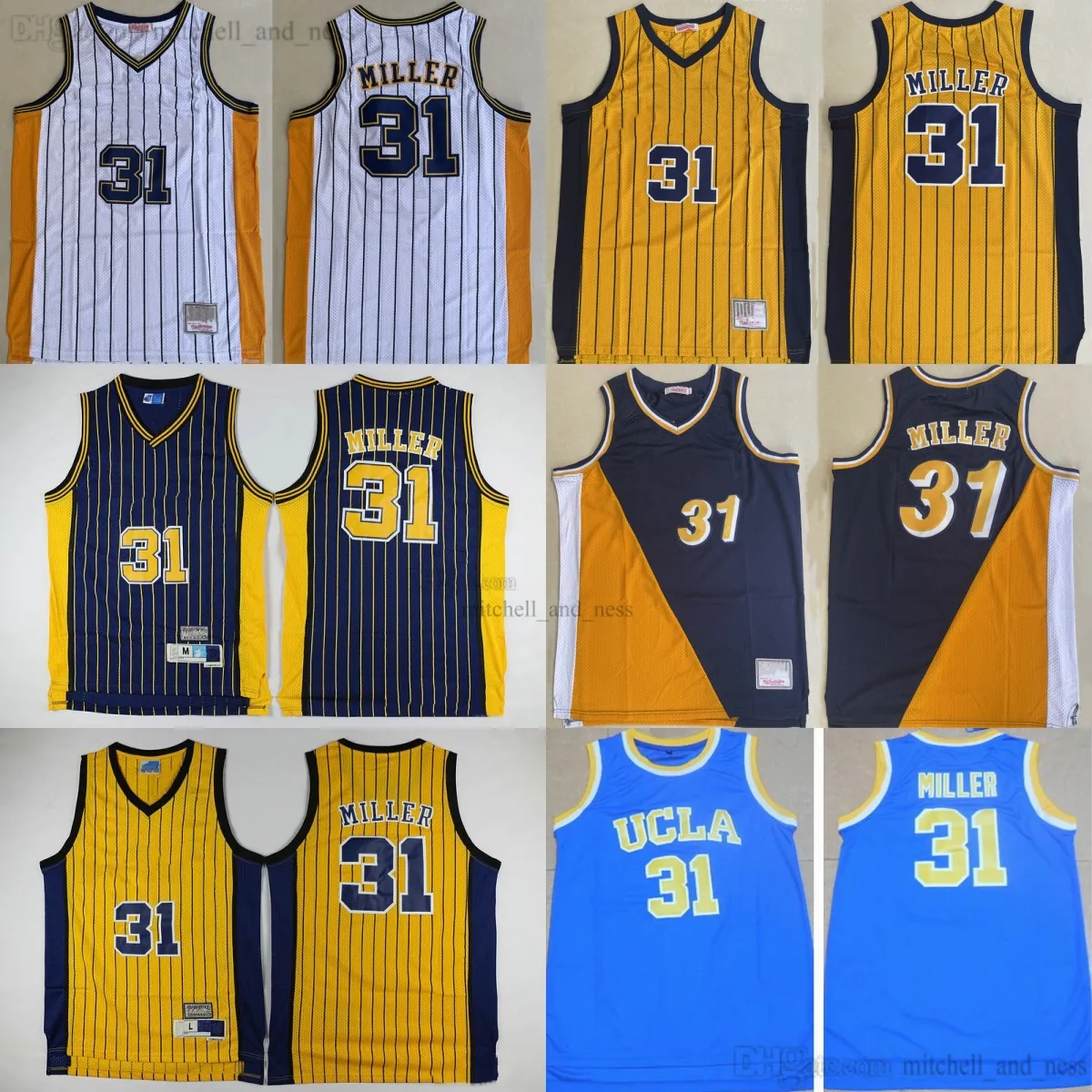 클래식 레트로 1990-91 빈티지 레지 농구 31 Miller Jersey 스티치 클래식 레트로 스트라이프 네이비 블루 옐로우 흰색 유니폼 통기성 셔츠