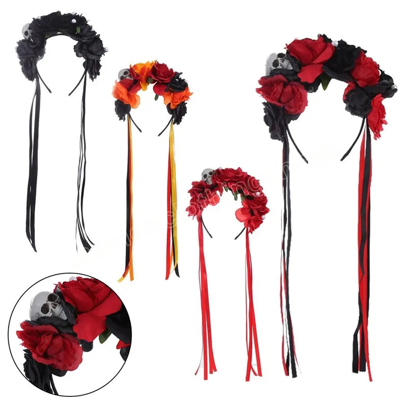 Goth Flower Crowns Hårband Stylish Hair Hoop Simulation Rose Pannband Lång Tasselblomma för kvinnor Halloween Hårtillbehör