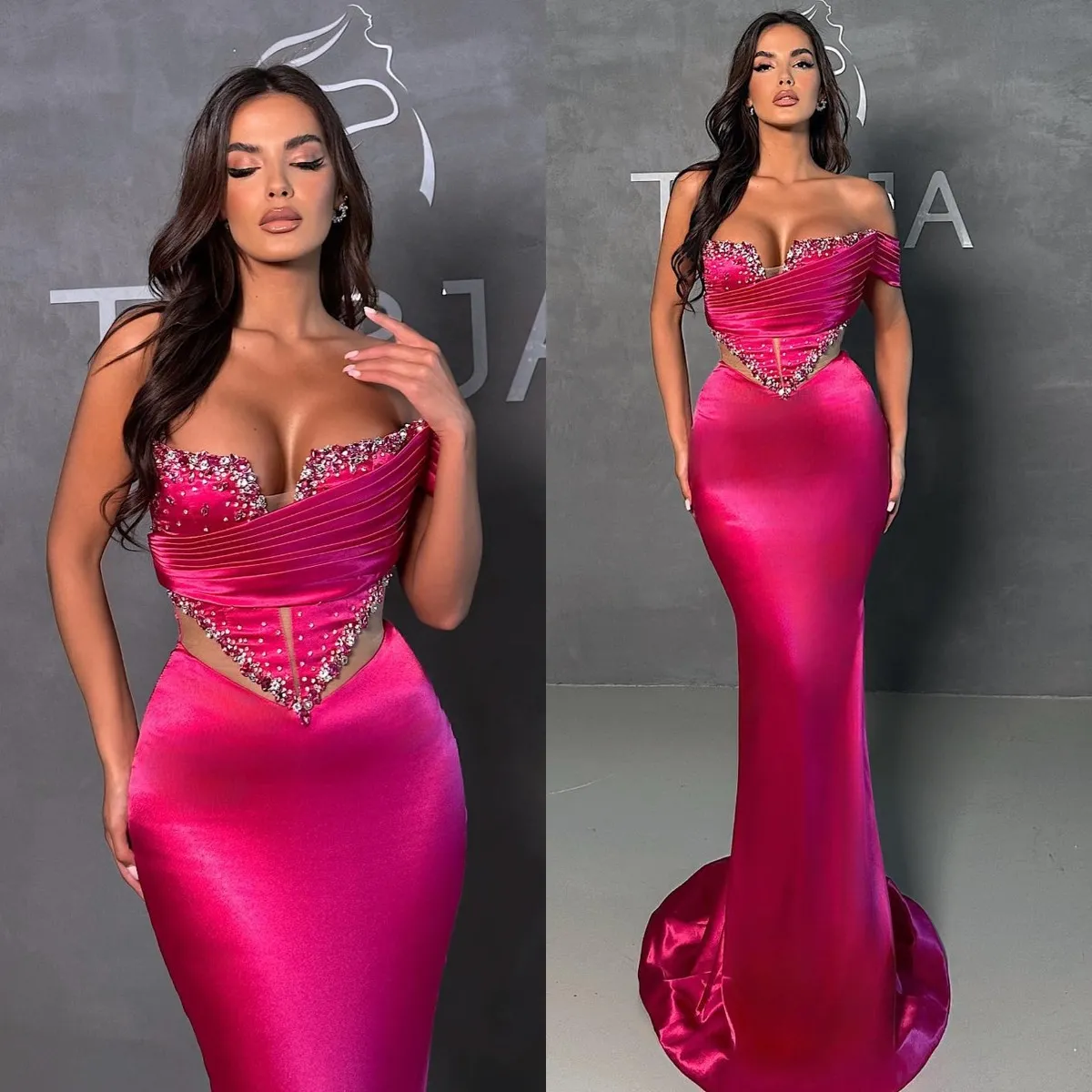 Elegante rosige rosa Meerjungfrau-Abendkleider, trägerlos, Perlen, Falten, formelles Party-Abschlussballkleid, roter Teppich, lange Kleider für besondere Anlässe