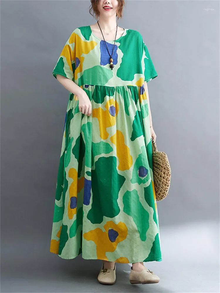 Festklänningar Kort ärm Cotton Vintage Print Summer For Women 2023 Casual Loose Long Ladies Green Dress Elegant Female Clothing