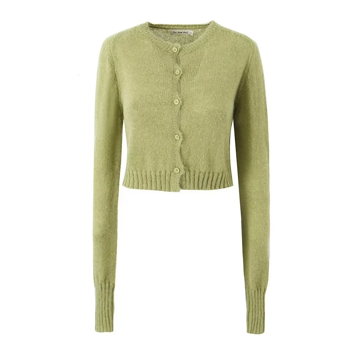 Women's Knits Tees Momoluna Women GUIZIO Button Crewneck Cropped Fuzzy MOHAIR RIBBED CARDIGAN 230803