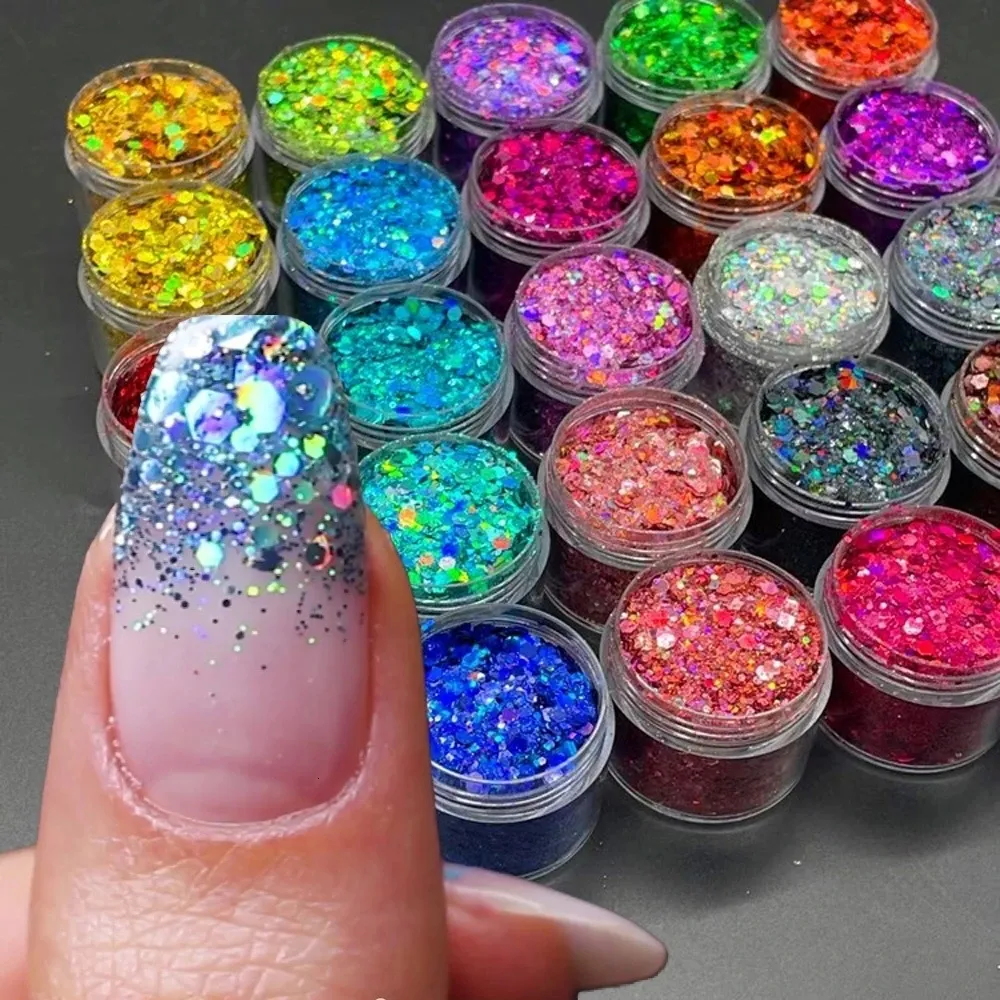 Nail Glitter 24 Molors Sanat Süslemeleri Tozları Set 3D Holografik Yuvarlak Altı Tasarım Pulları DIY Aksesuar Malzemeleri 230802