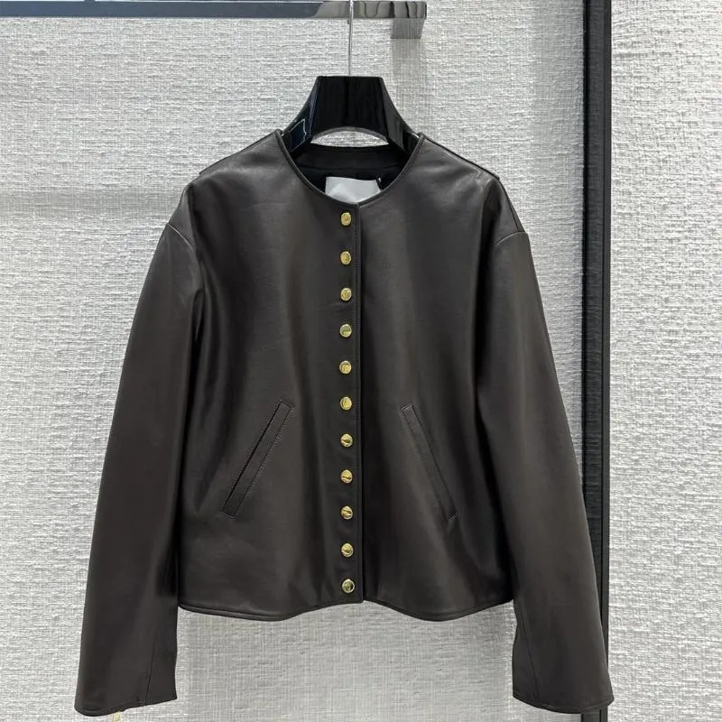 Kvinnors läder äkta kvinnor Autumn Winter Black O-hals Fårskinn Single Breasted Jacket Klassisk mångsidig eleganta kvinnliga kläder