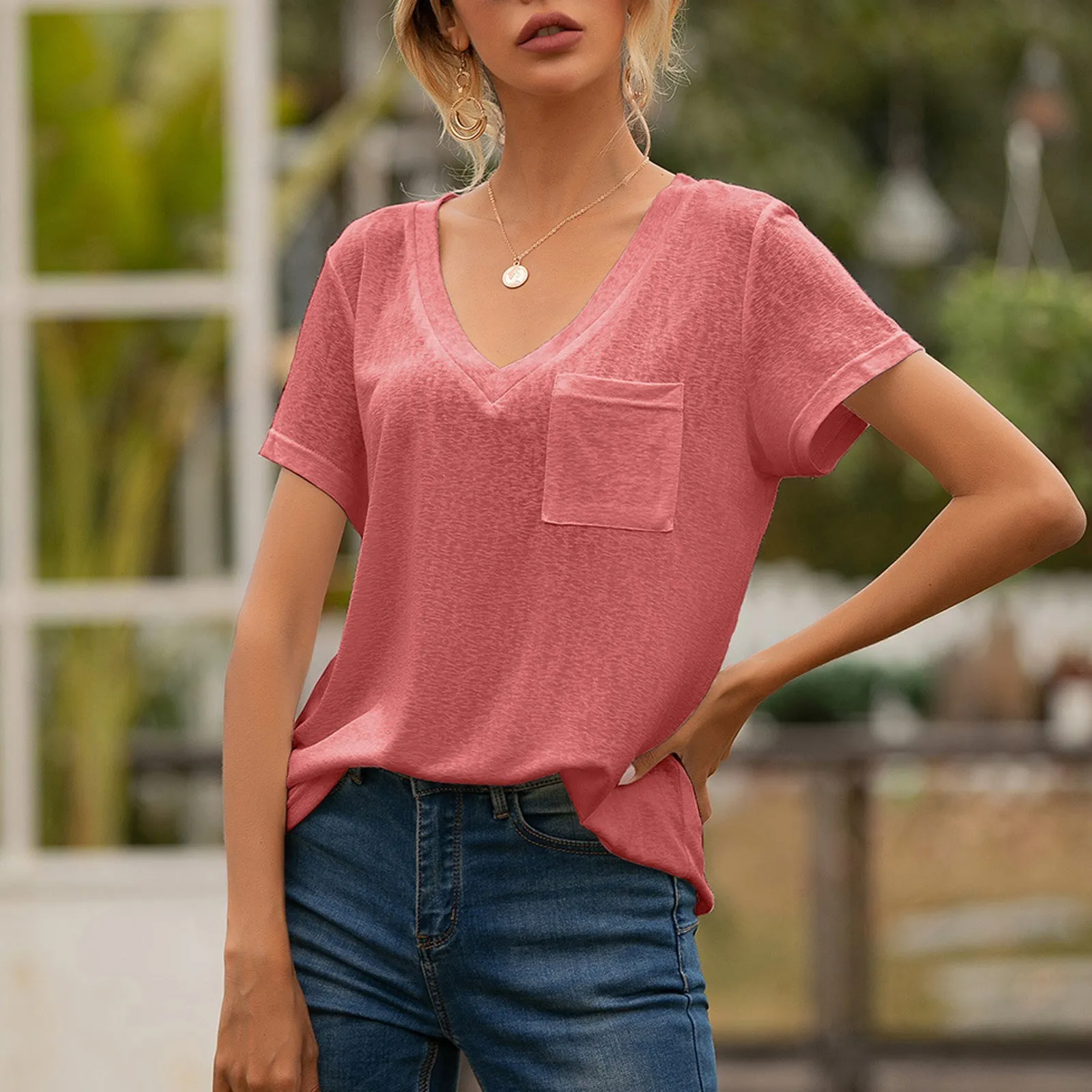 Polos Para Mujer Camiseta Con Bolsillo Suelto Liso Camiseta Para Mujer Tops Verano Para Mujer Cuello En V Manga Corta Blanco Rosa Azul Casual Tops Y Camisetas Sueltas 230803 De 10 87 DHgate