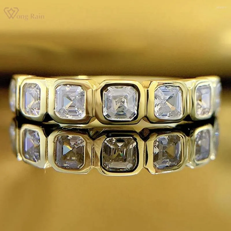 حلقات الكتلة Wong Rain 18K Gold Plated 925 Sterling Silver 3 3mm Asscher Cut High Carbon Diamond Gemond Band Band Band Ring Ring