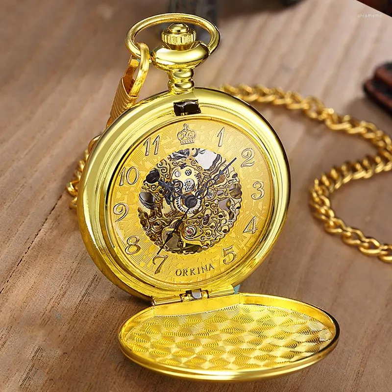 Zegarki kieszonkowe luksusowe złoty kolor mechaniczny zegarek dla mężczyzn kobiety szkielet steampunk łańcuch szkieletu wisiew