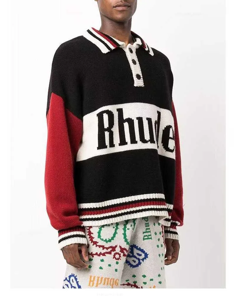 Button Half High Collar Rhude Autumn Winter Men Pullover Jacquard Knitted Polo College Sweater Couple Splice Knitted