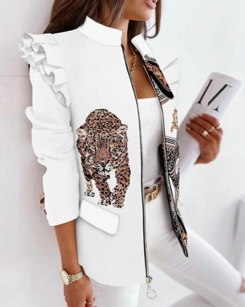 Women's Jackets Colorful Blazer Jacket for Women Leopard Printed Ruffled Long-sleeved Zipper Printed Suit Plus Size Clothing for Women Blazers 230803