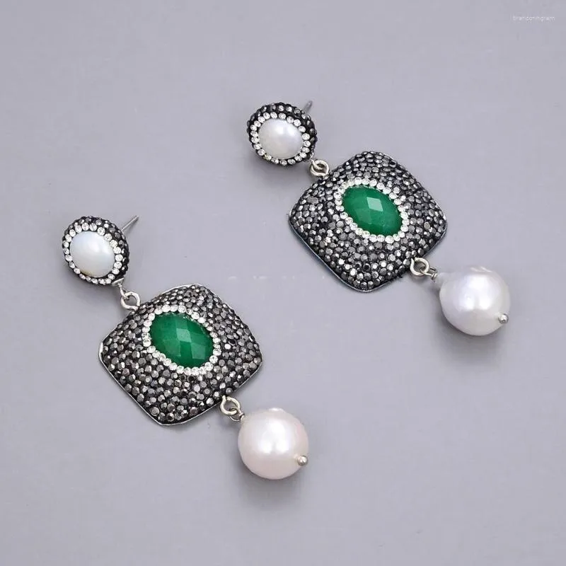 Necklace Earrings Set 19" 25mm Green Jade CZ Paved White Round Pearl Keshi Pendant