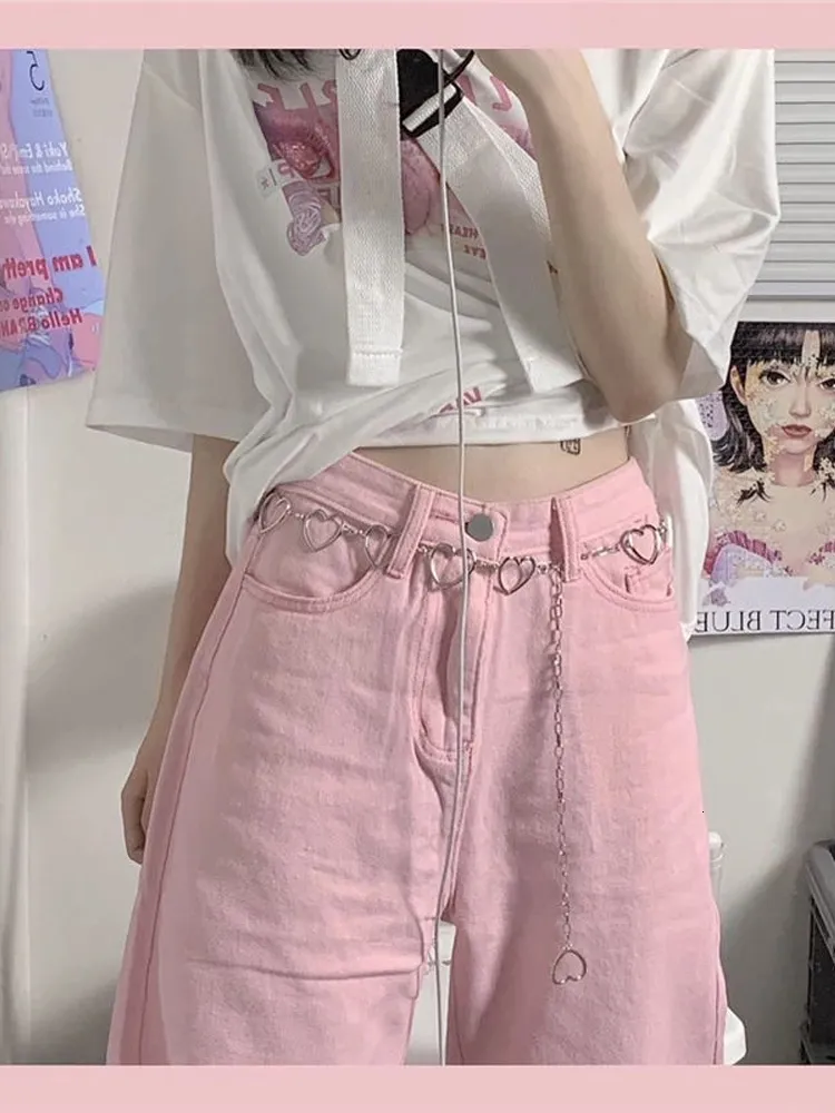 Dżinsy damskie koreańskie kawaii y2k workowate różowe dżinsy mody mody oversize niski wzrost dżinsów dżinsów z szerokości nóg.