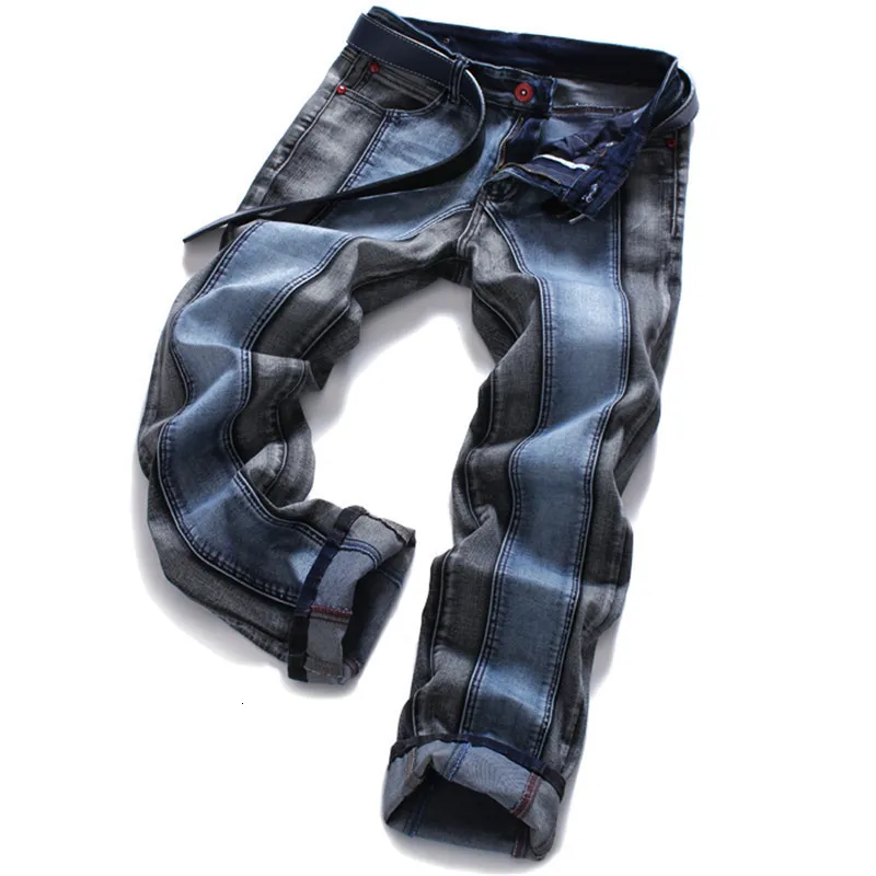 Jeans da uomo Pantaloni da motociclista casual Designer Splice Patchwork Slim Skinny Blu Plus Size 38 40 Drop 230803