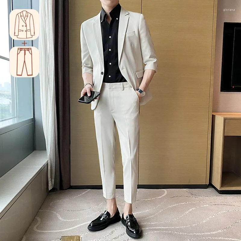 Men's Suits Mens 2 Piece Slim-Fit Ankle-Length Trousers With Mid-Sleeve Suit Jacket - High-Quality And Fashionable