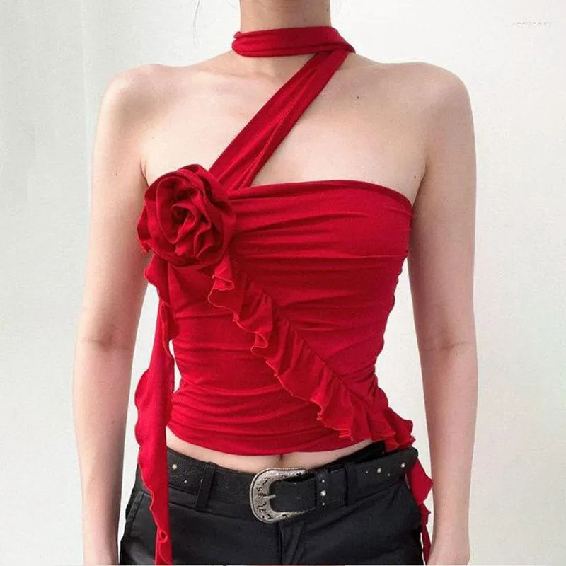 Women's Tanks 2023 Niche Fashion Three-dimensional Flower Design With Irregular One Line Collar Neck Strap Pure Desire And A Slim Bra