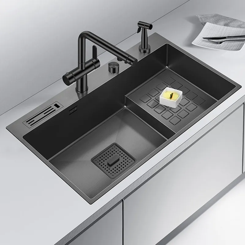 Luxury Kitchen Sinks 304 Stainless Steel Multifunctional Sink Modern Waterfall Rainfall Single Bowl Kitchen Sink Set Black