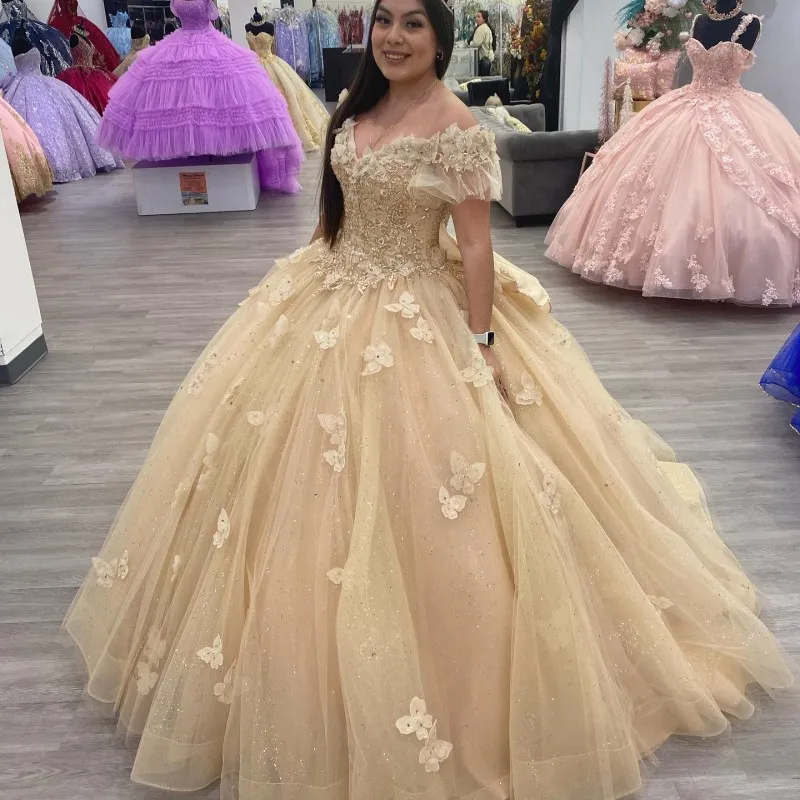 Champagne scintillant Sexy col en v robes De Quinceanera dentelle florale papillon princesse fête d'anniversaire bal Vestidos De 15 Anos