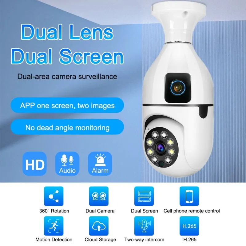 Mini Wifi Çift Lens Ampul Kamera 1080p Gece Görüşü İki Yönlü Konuşma Kapalı Kablosuz Ağ Kamerası V380 CCTV Güvenlik Koruması